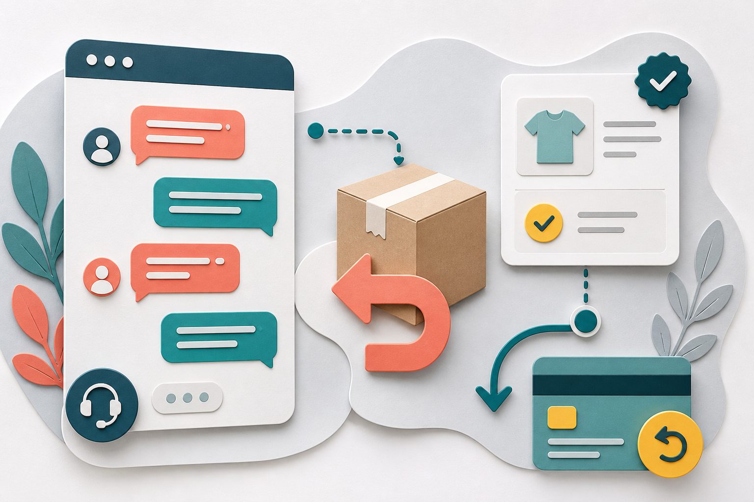 Conceptual live chat conversation flowing through a returned parcel, verified order, and separate refund path